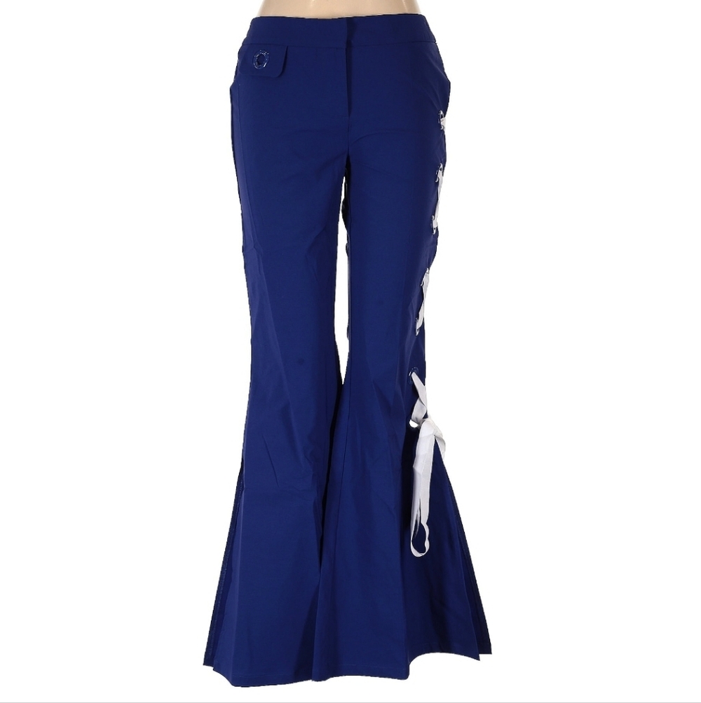 NWT Nylon Royal Blue Kick Flare Pants w/ Asymmetric White Lace-Up Detail_Small
